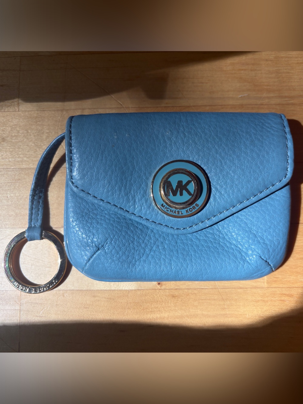 Michael Kors Sky Blue Pebbled Leather Key & Card Holder with Gold-Tone Ring